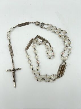 Mysteries Rosary Devotional Metal Bead Clear Crystal Necklace Crucifix Italy